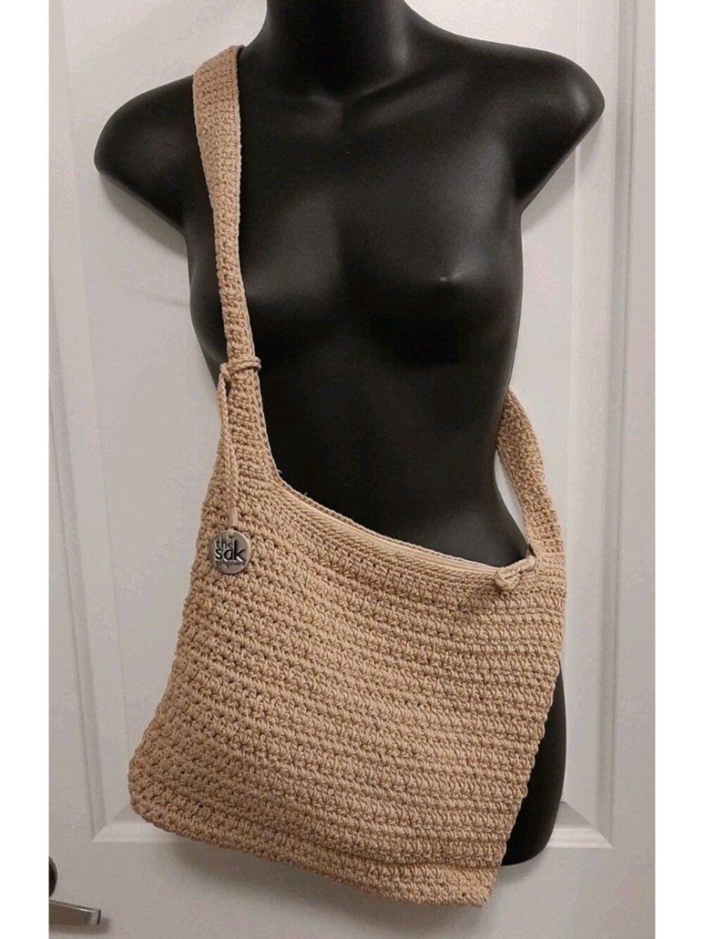 The Sak Taupe Handmade Crocheted Knit Woven Classic Shoulder Bag Logo Tag
